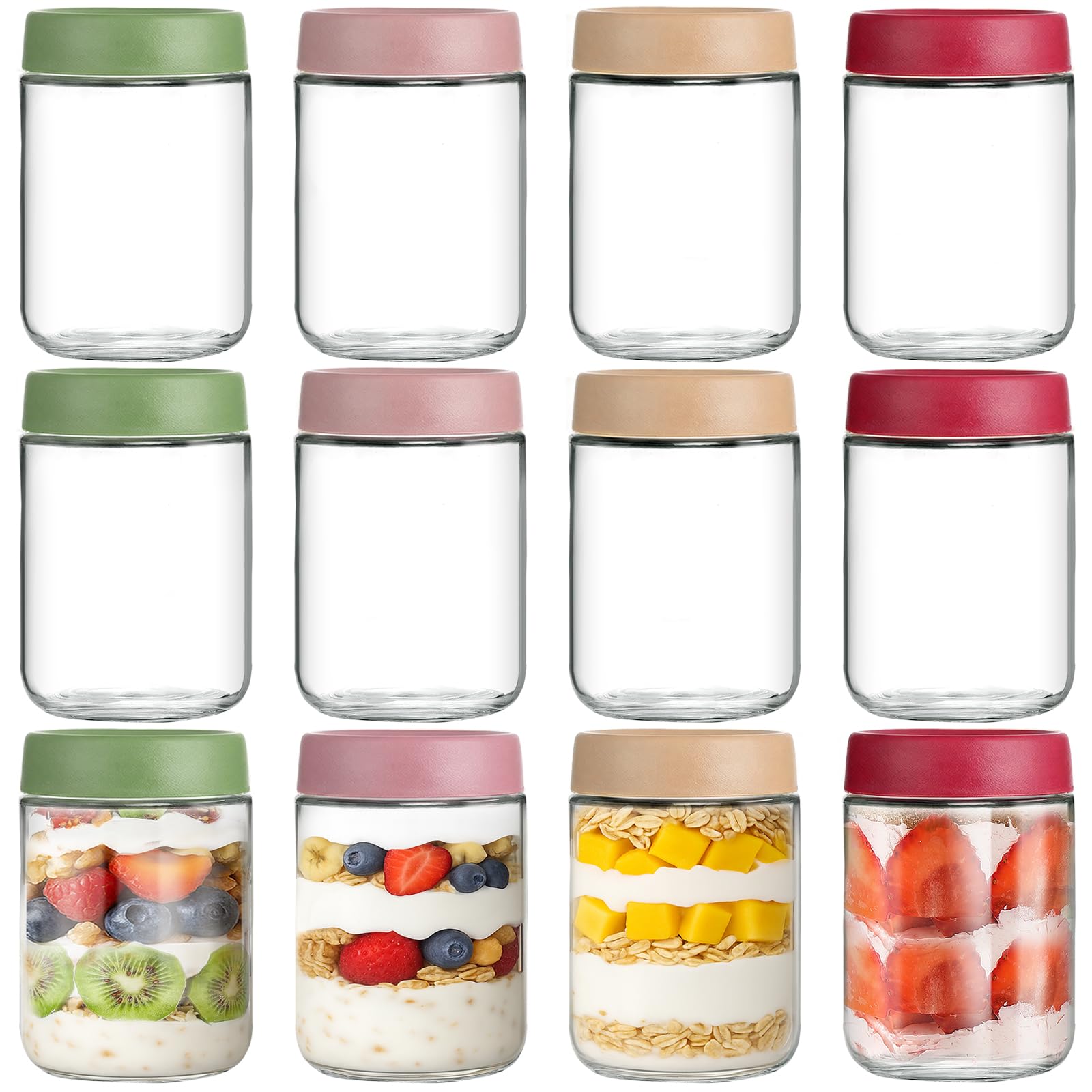 TBWIND 12-Pack 16oz Glass Jars with Lids, Airtight Overnight Oats Containers, Salad& Yogurt Storage, Mason Jars for Snacks, Spices, Meal Prep – Reusable